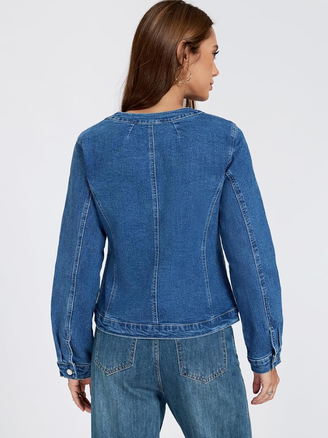 LifeShe Cropped Denim Jacket for Women Stretch Collarless Jean Jackets Slim Fall Crop Shacket Tendy