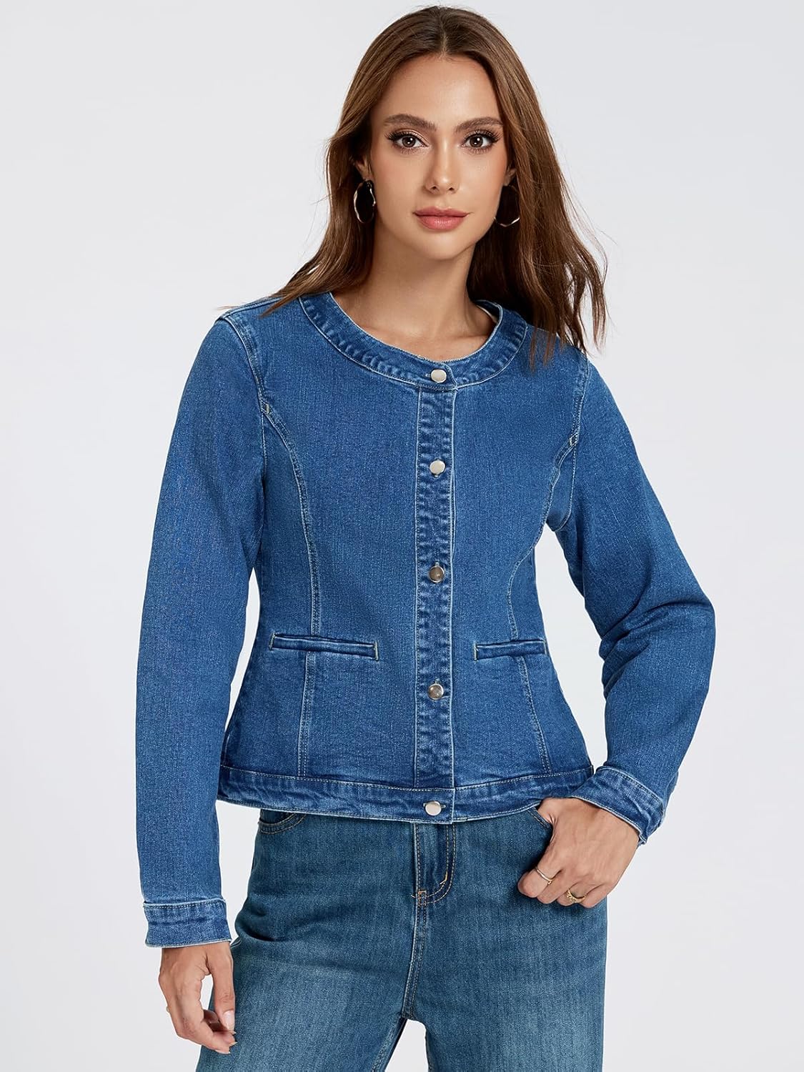 LifeShe Cropped Denim Jacket for Women Stretch Collarless Jean Jackets Slim Fall Crop Shacket Tendy