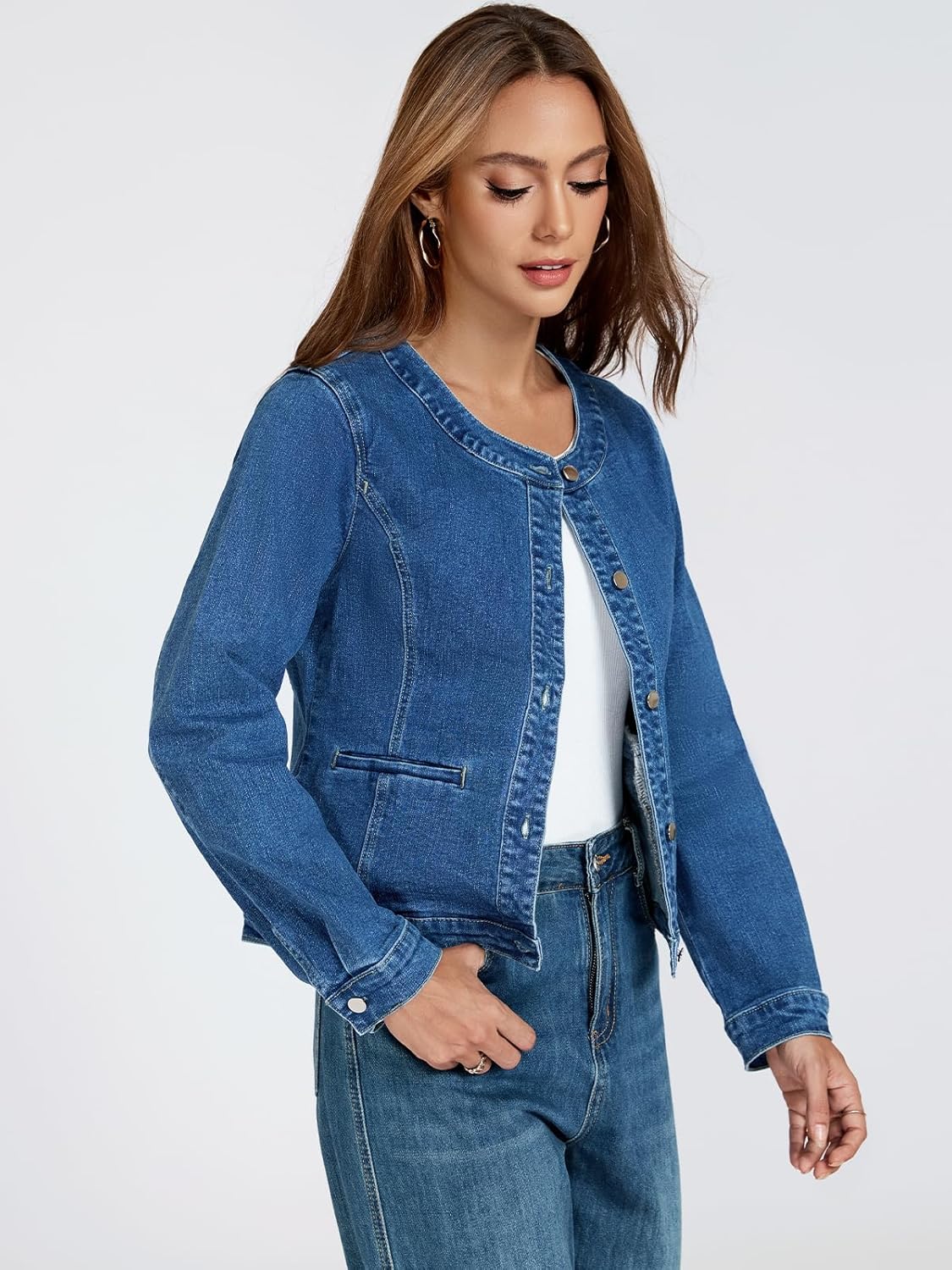 LifeShe Cropped Denim Jacket for Women Stretch Collarless Jean Jackets Slim Fall Crop Shacket Tendy