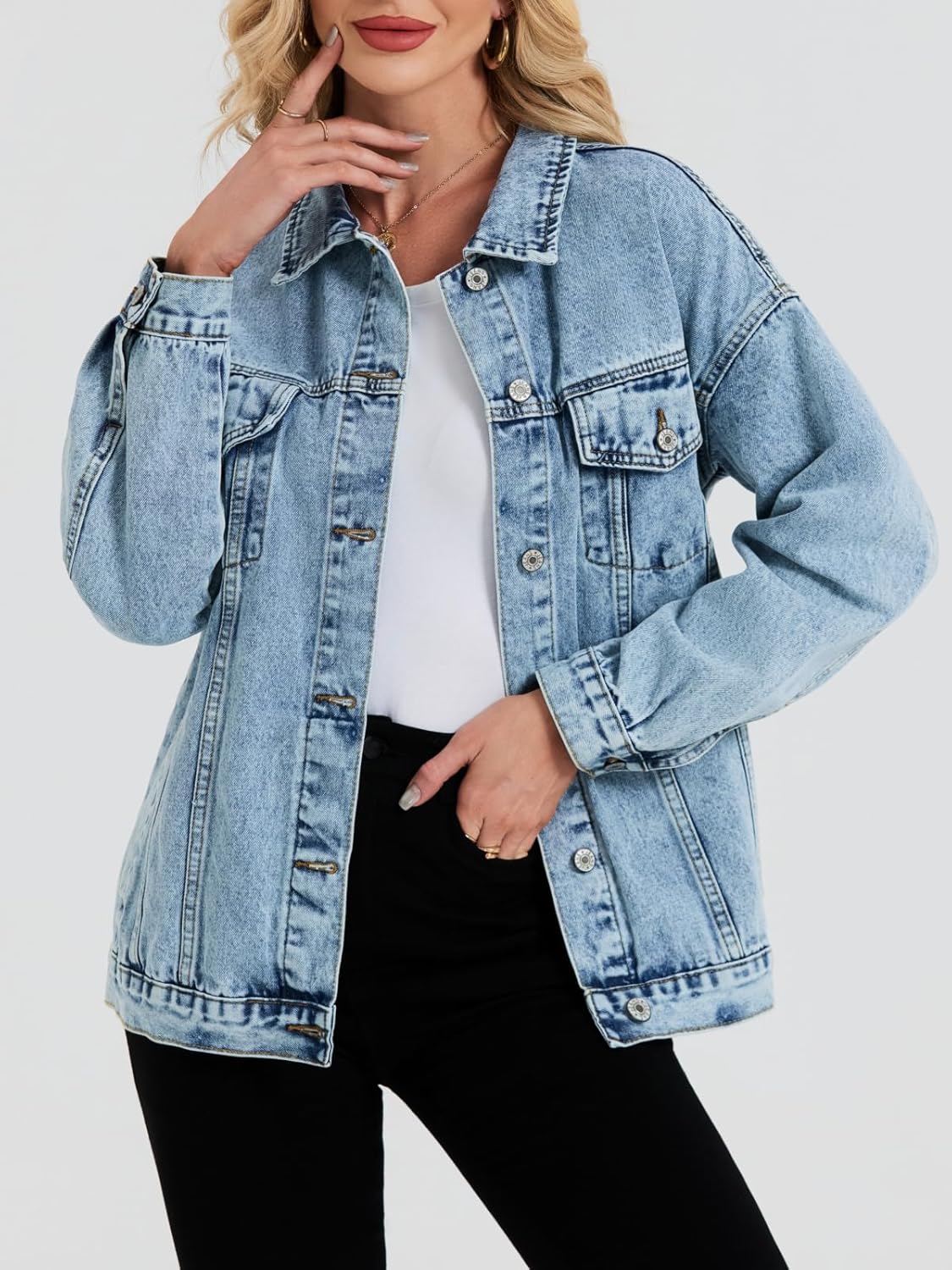 LifeShe Oversized Denim Jacket Women Boyfriend Jean Jacket Trendy Loose Shacket Fall Trucker Coats