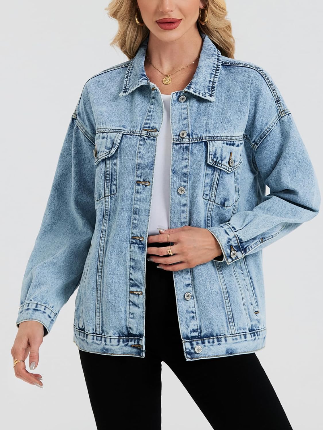 LifeShe Oversized Denim Jacket Women Boyfriend Jean Jacket Trendy Loose Shacket Fall Trucker Coats