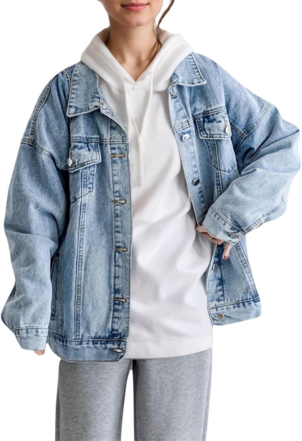 LifeShe Oversized Denim Jacket Women Boyfriend Jean Jacket Trendy Loose Shacket Fall Trucker Coats