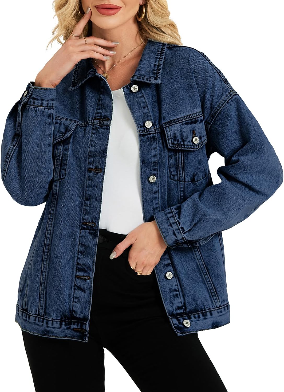LifeShe Oversized Denim Jacket Women Boyfriend Jean Jacket Trendy Loose Shacket Fall Trucker Coats