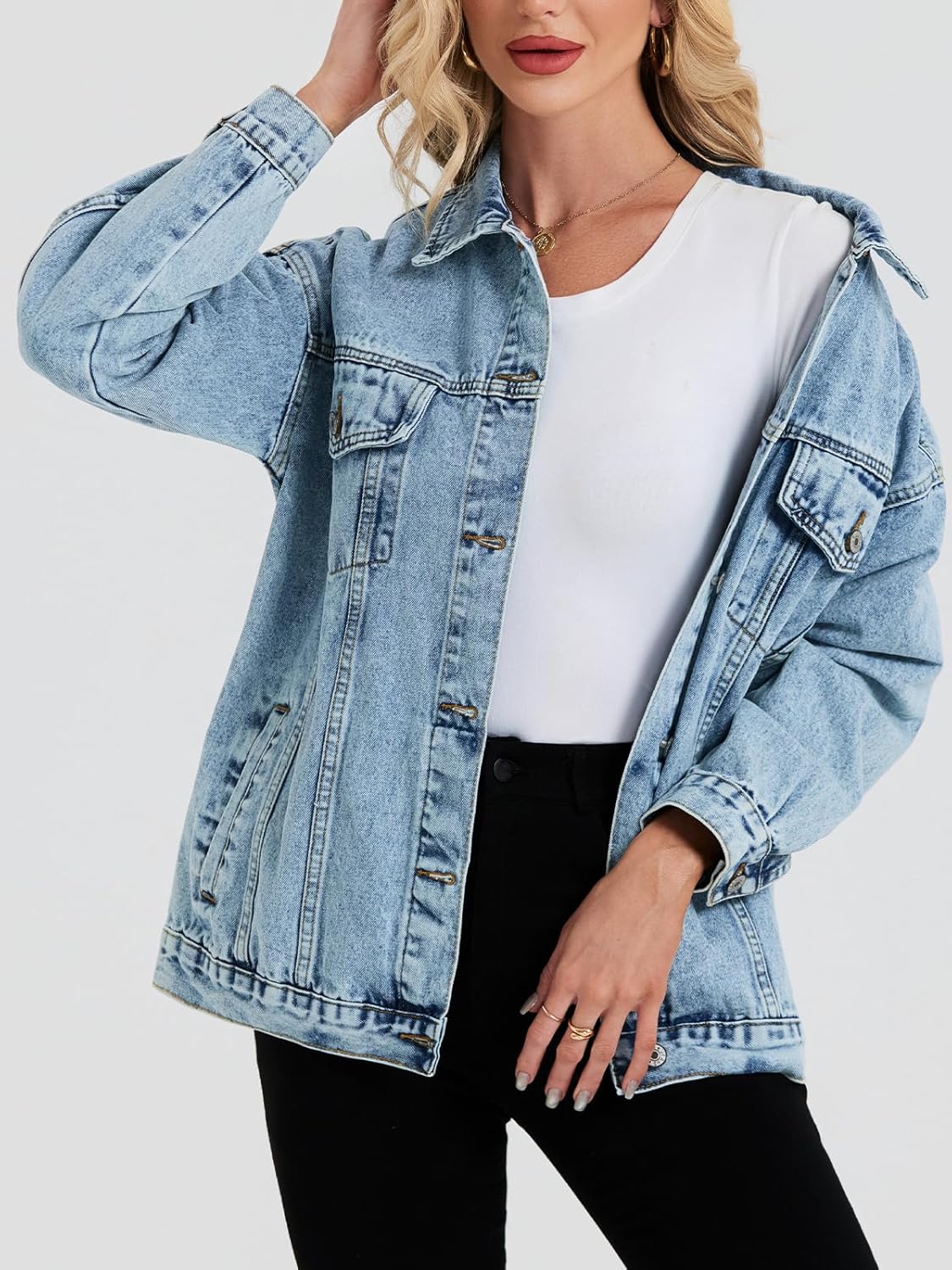 LifeShe Oversized Denim Jacket Women Boyfriend Jean Jacket Trendy Loose Shacket Fall Trucker Coats