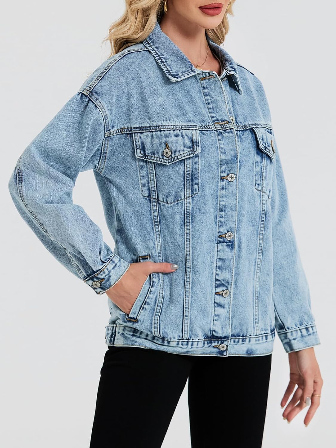 LifeShe Oversized Denim Jacket Women Boyfriend Jean Jacket Trendy Loose Shacket Fall Trucker Coats