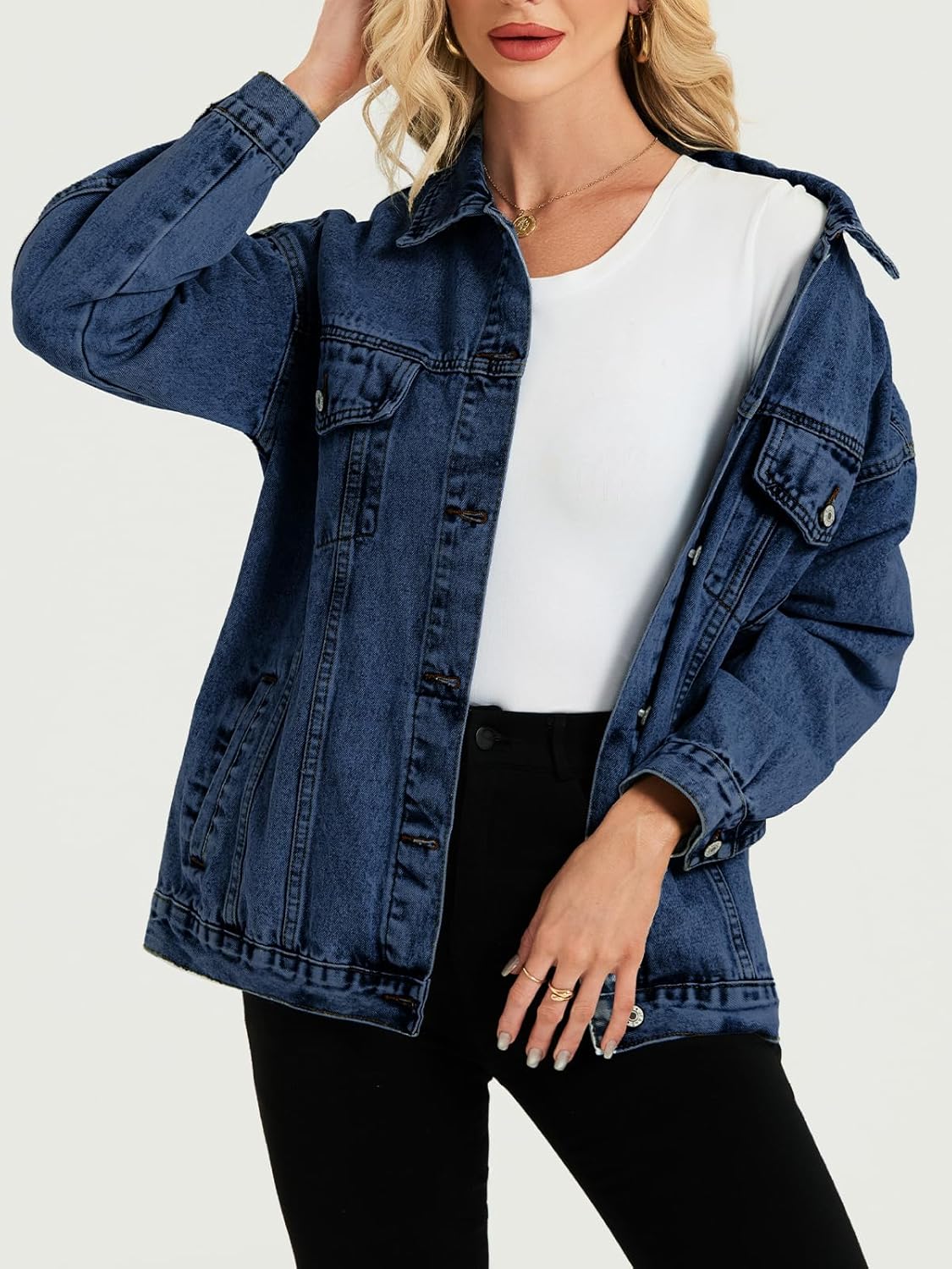 LifeShe Oversized Denim Jacket Women Boyfriend Jean Jacket Trendy Loose Shacket Fall Trucker Coats