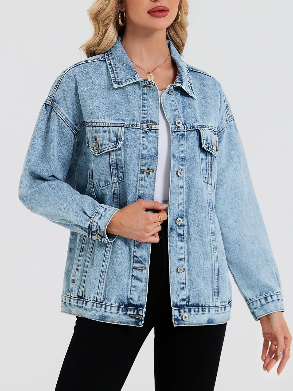 LifeShe Oversized Denim Jacket Women Boyfriend Jean Jacket Trendy Loose Shacket Fall Trucker Coats