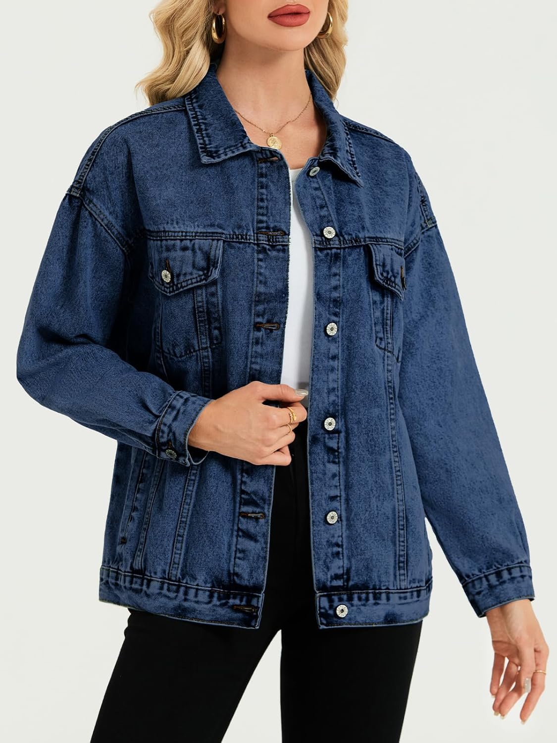 LifeShe Oversized Denim Jacket Women Boyfriend Jean Jacket Trendy Loose Shacket Fall Trucker Coats