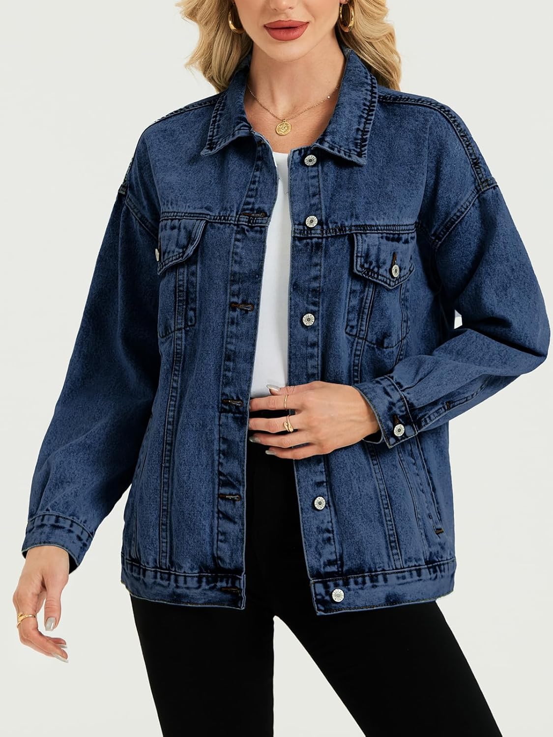 LifeShe Oversized Denim Jacket Women Boyfriend Jean Jacket Trendy Loose Shacket Fall Trucker Coats