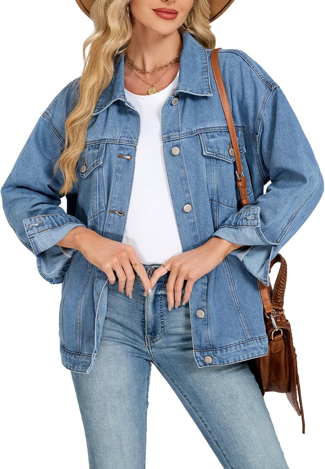 LifeShe Oversized Jean Jacket for Women Trendy Fall Boyfriend Denim Jackets Loose Shacket Coats 2025
