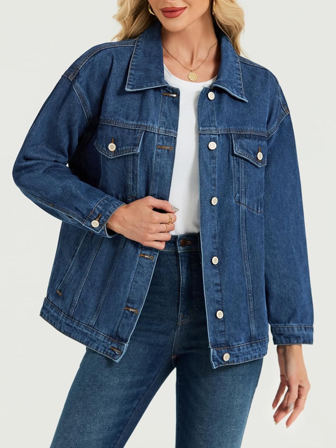 LifeShe Oversized Jean Jacket for Women Trendy Fall Boyfriend Denim Jackets Loose Shacket Coats 2025
