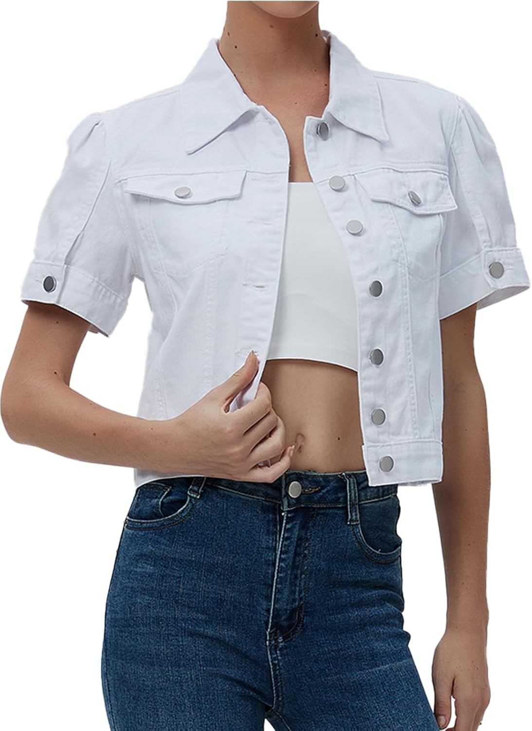 LifeShe Puff Short Sleeve Denim Jacket for Women Summer Cropped Jean Jacket Non-stretch Crop Coat
