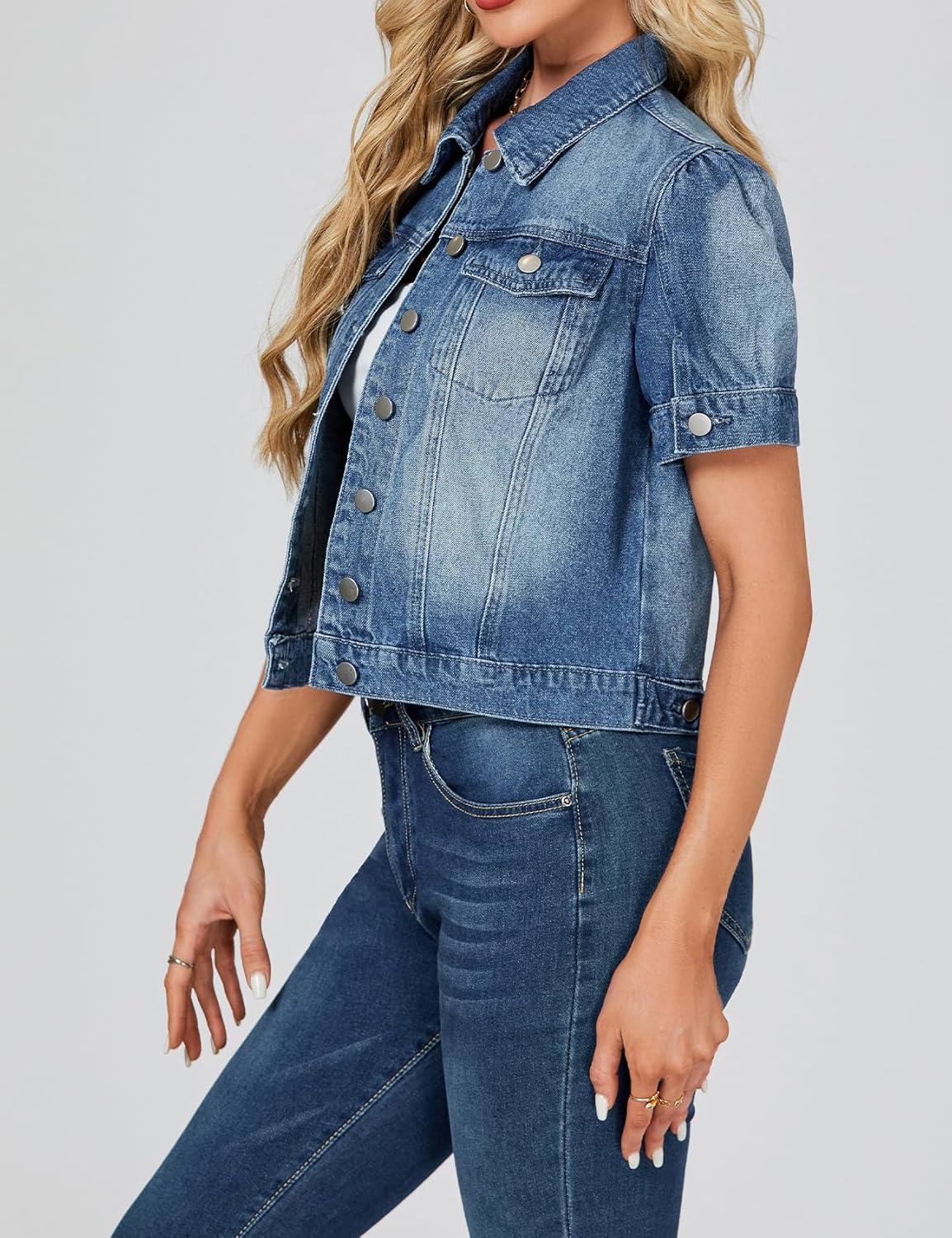LifeShe Puff Short Sleeve Denim Jacket for Women Summer Cropped Jean Jacket Non-stretch Crop Coat