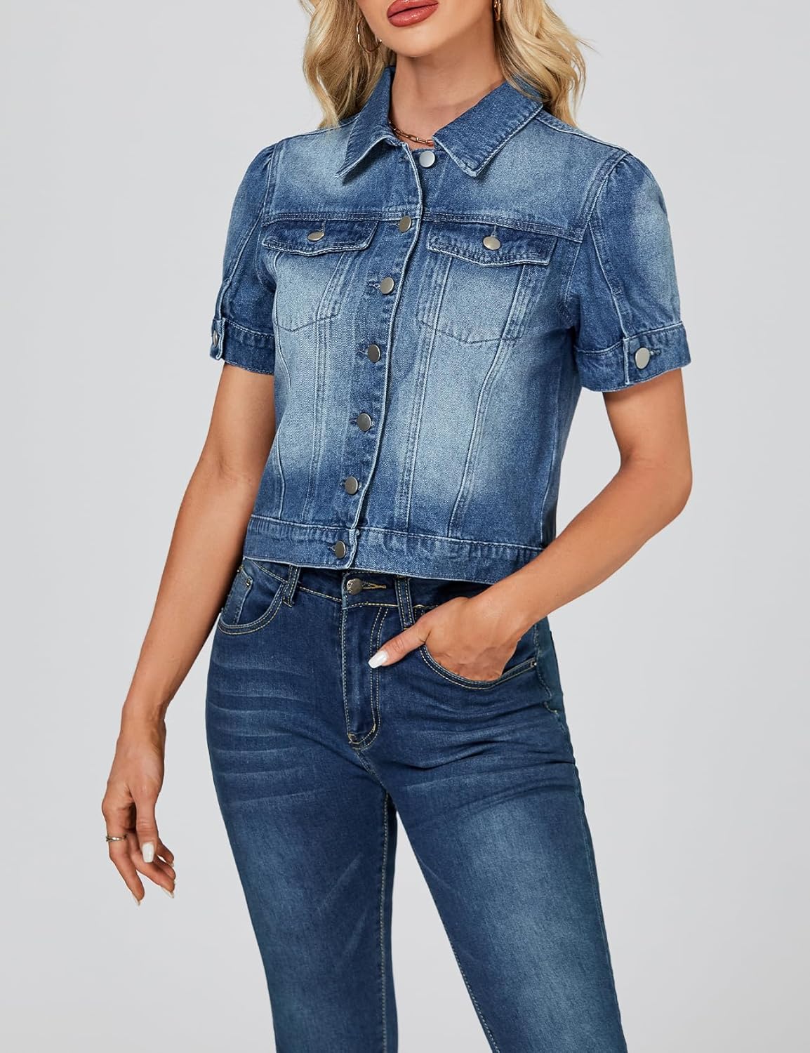 LifeShe Puff Short Sleeve Denim Jacket for Women Summer Cropped Jean Jacket Non-stretch Crop Coat