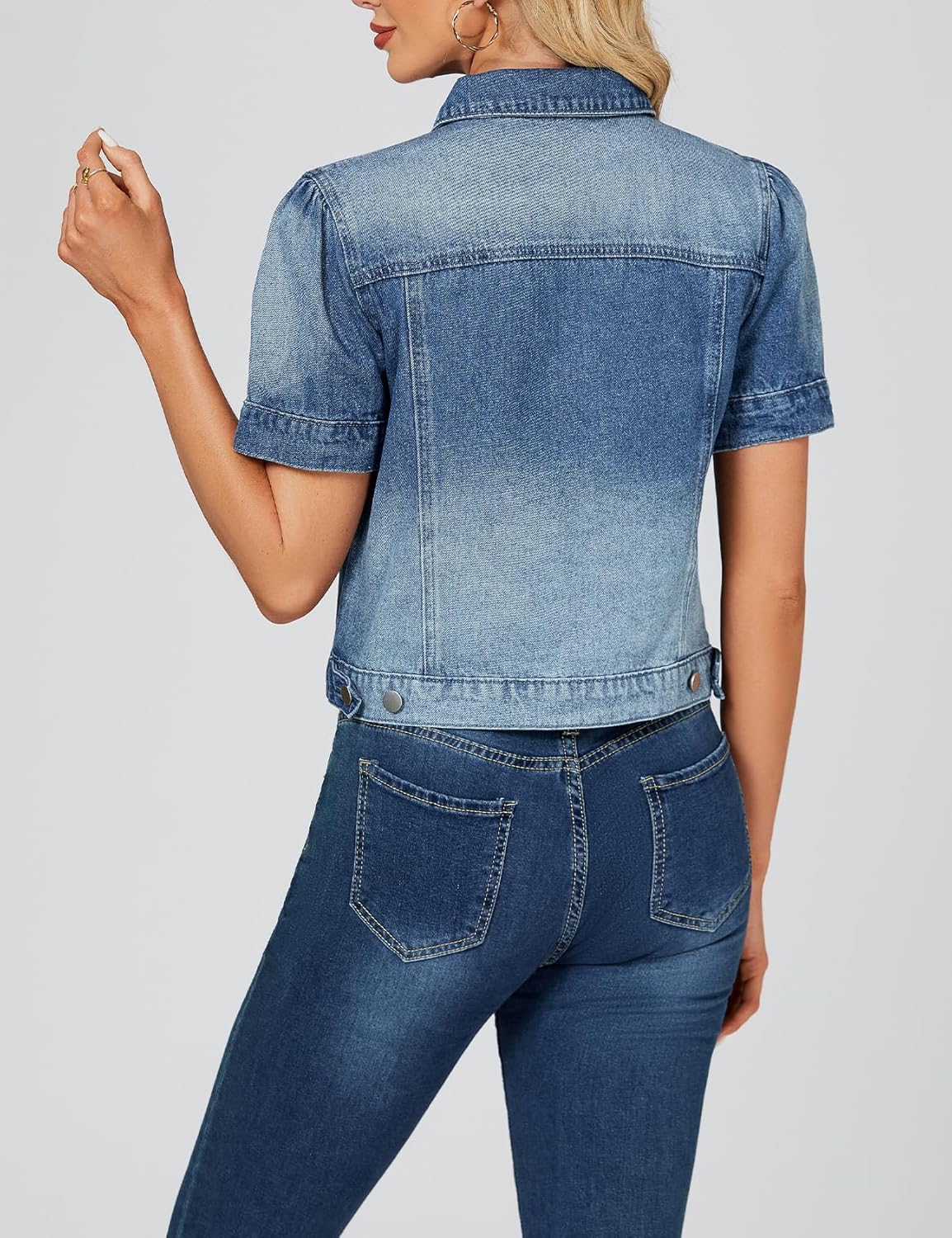 LifeShe Puff Short Sleeve Denim Jacket for Women Summer Cropped Jean Jacket Non-stretch Crop Coat