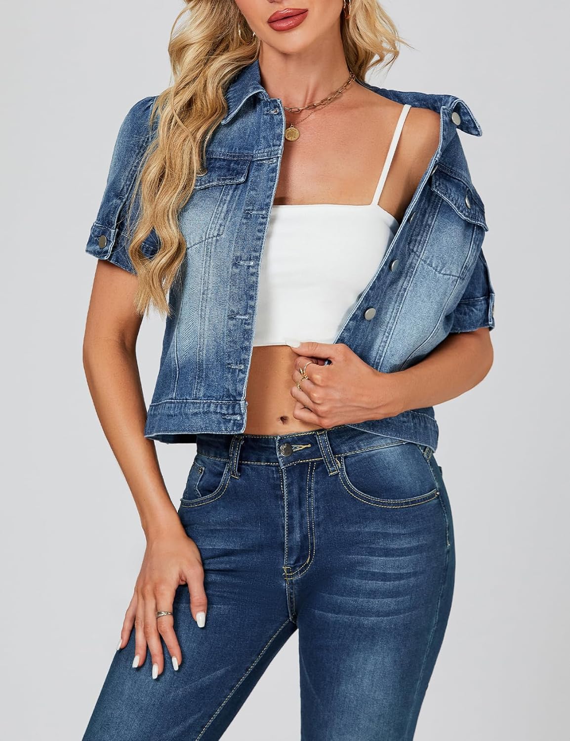 LifeShe Puff Short Sleeve Denim Jacket for Women Summer Cropped Jean Jacket Non-stretch Crop Coat
