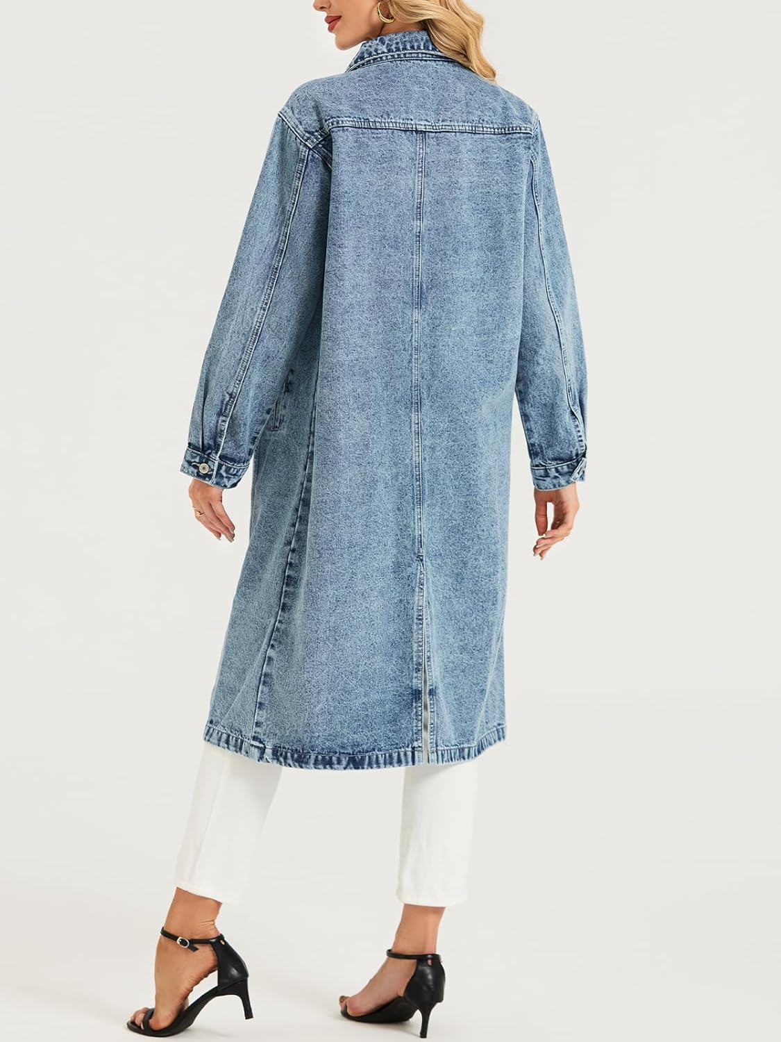 LifeShe Women Denim Jacket Button Down Maxi Long Jean Trench Coat With Pocket
