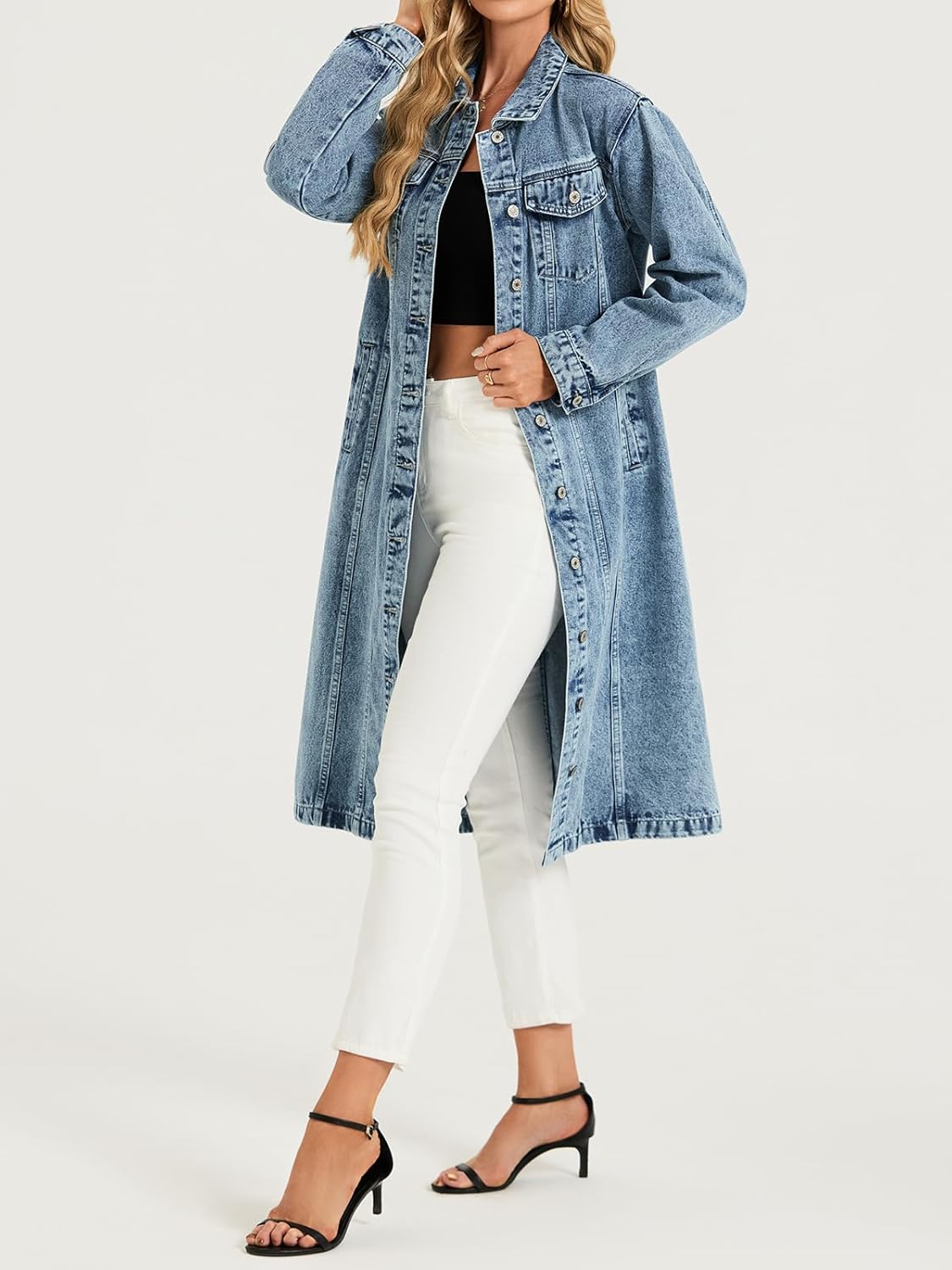 LifeShe Women Denim Jacket Button Down Maxi Long Jean Trench Coat With Pocket
