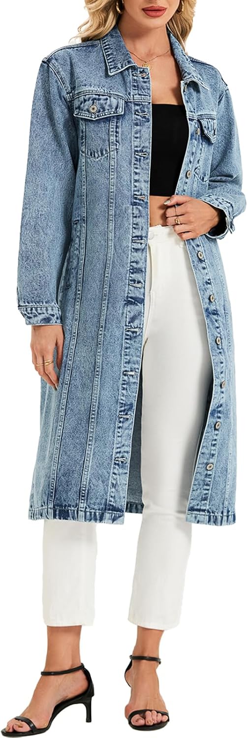LifeShe Women Denim Jacket Button Down Maxi Long Jean Trench Coat With Pocket