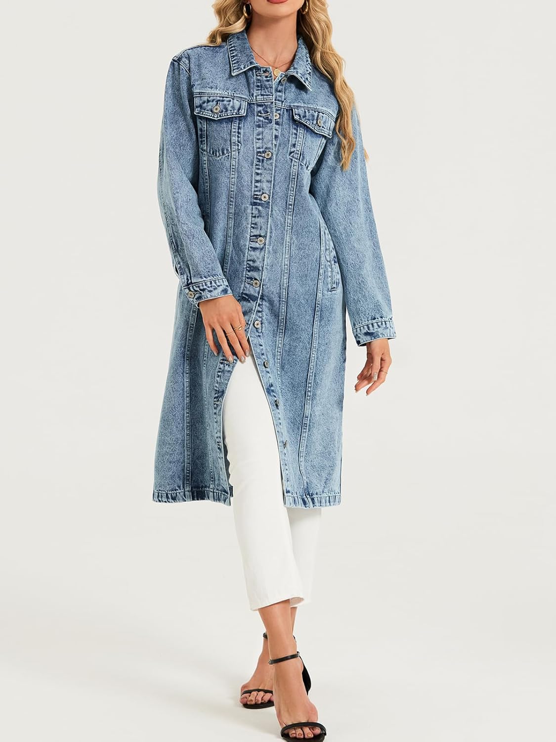LifeShe Women Denim Jacket Button Down Maxi Long Jean Trench Coat With Pocket