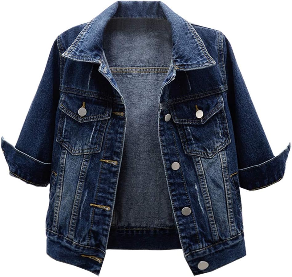 LifeShe Women’s 3\/4 Sleeve Short Denim Jacket Light Cropped Jean Jackets Coats