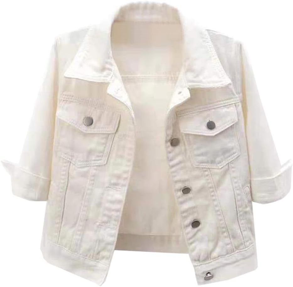 LifeShe Women’s 3\/4 Sleeve Short Denim Jacket Light Cropped Jean Jackets Coats