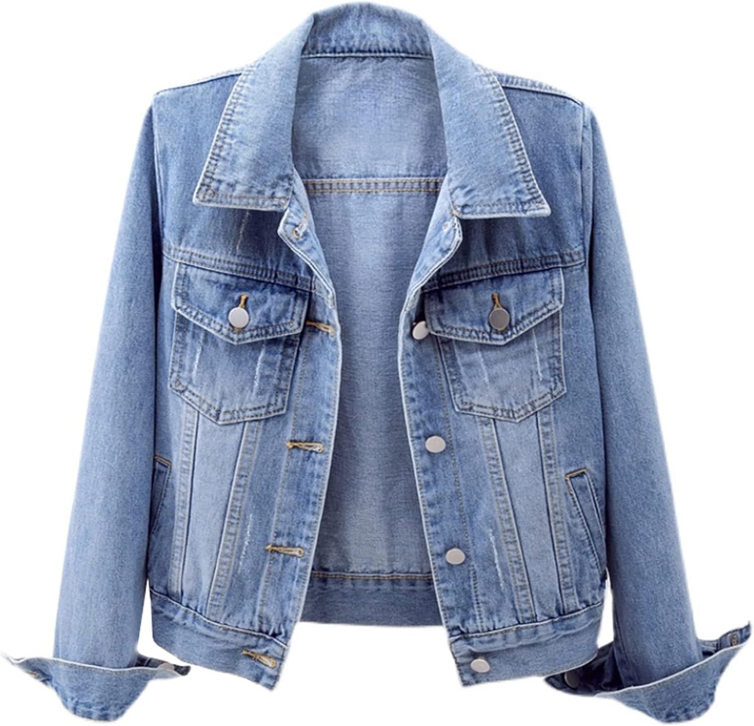 LifeShe Women’s Basic Long Sleeve Button Down Distressed Denim Jackets Jean Jacket Coat