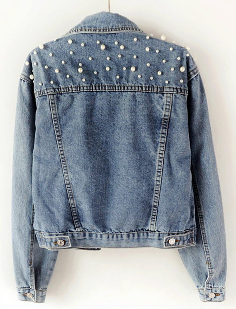 LifeShe Women’s Embroidered Pearl Denim Jean Jacket Coat