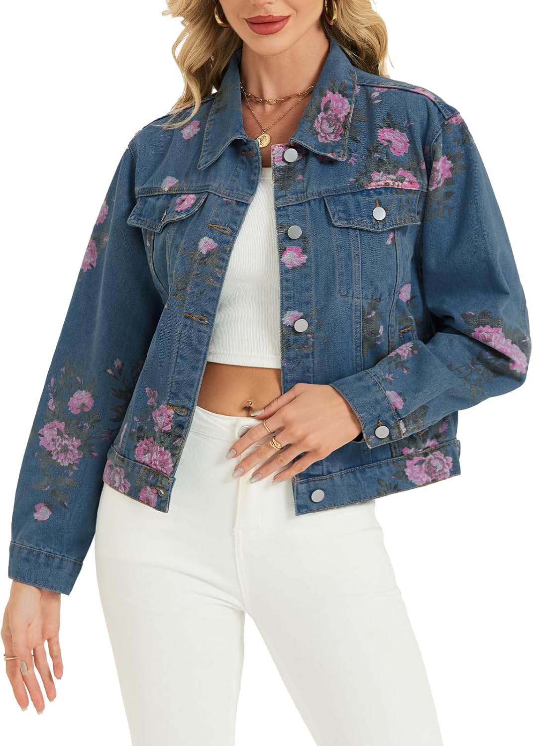 LifeShe Women’s Jean Jacket Floral Button Up Cropped Denim Jackets Western Outfit With Pockets
