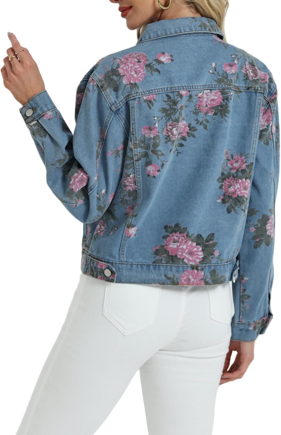 LifeShe Women’s Jean Jacket Floral Button Up Cropped Denim Jackets Western Outfit With Pockets