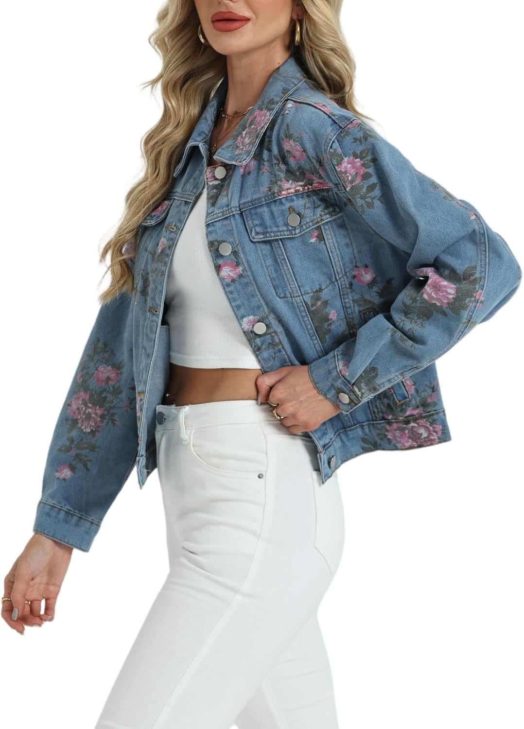 LifeShe Women’s Jean Jacket Floral Button Up Cropped Denim Jackets Western Outfit With Pockets