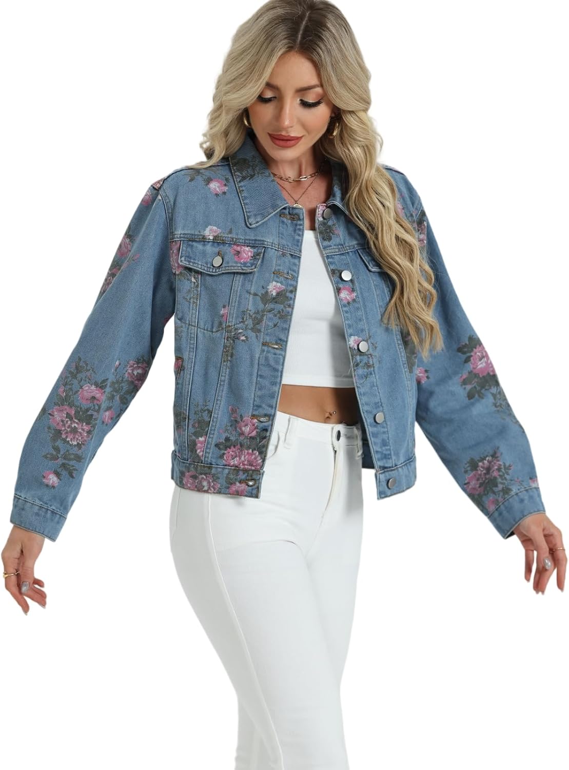 LifeShe Women’s Jean Jacket Floral Button Up Cropped Denim Jackets Western Outfit With Pockets