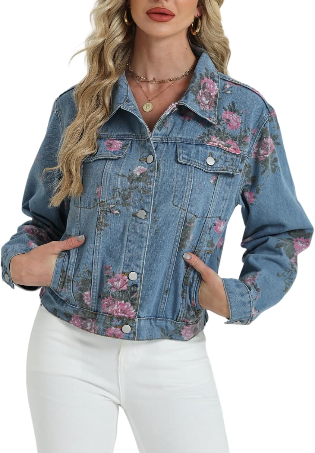 LifeShe Women’s Jean Jacket Floral Button Up Cropped Denim Jackets Western Outfit With Pockets