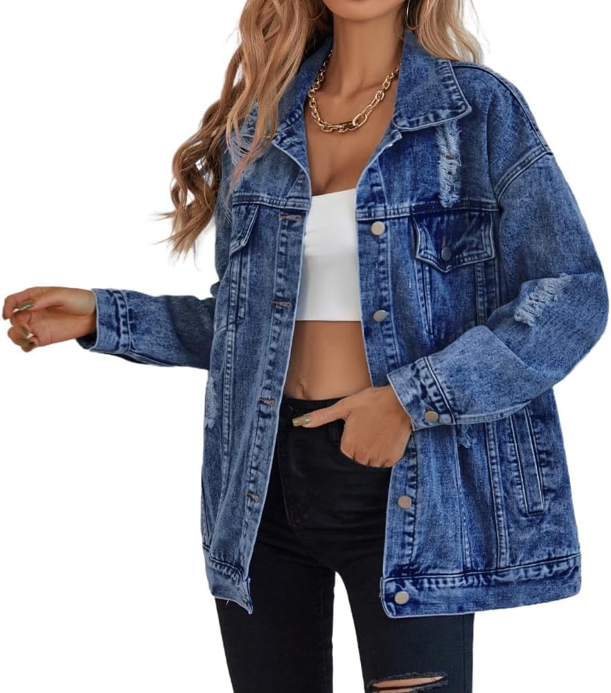 LifeShe Women’s long oversized denim jacket boyfriend ripped distressed jean jackets coat