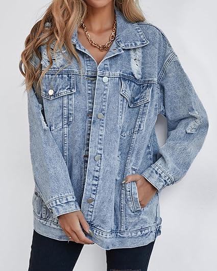 LifeShe Women’s long oversized denim jacket boyfriend ripped distressed jean jackets coat