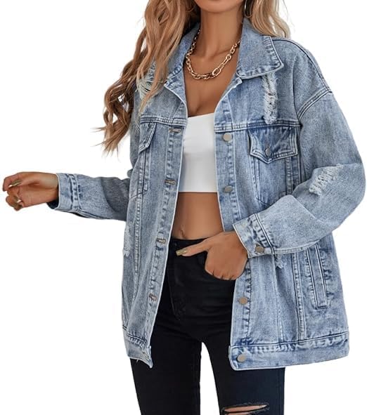 LifeShe Women’s long oversized denim jacket boyfriend ripped distressed jean jackets coat