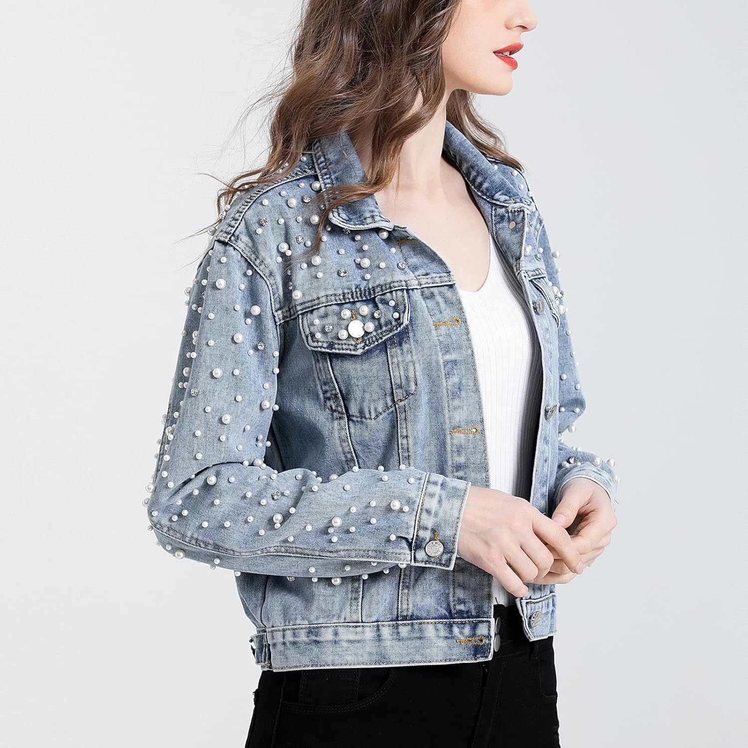 LifeShe Women’s Pearls Denim Jacket Cropped Rhinestones Jean Jacket Coat