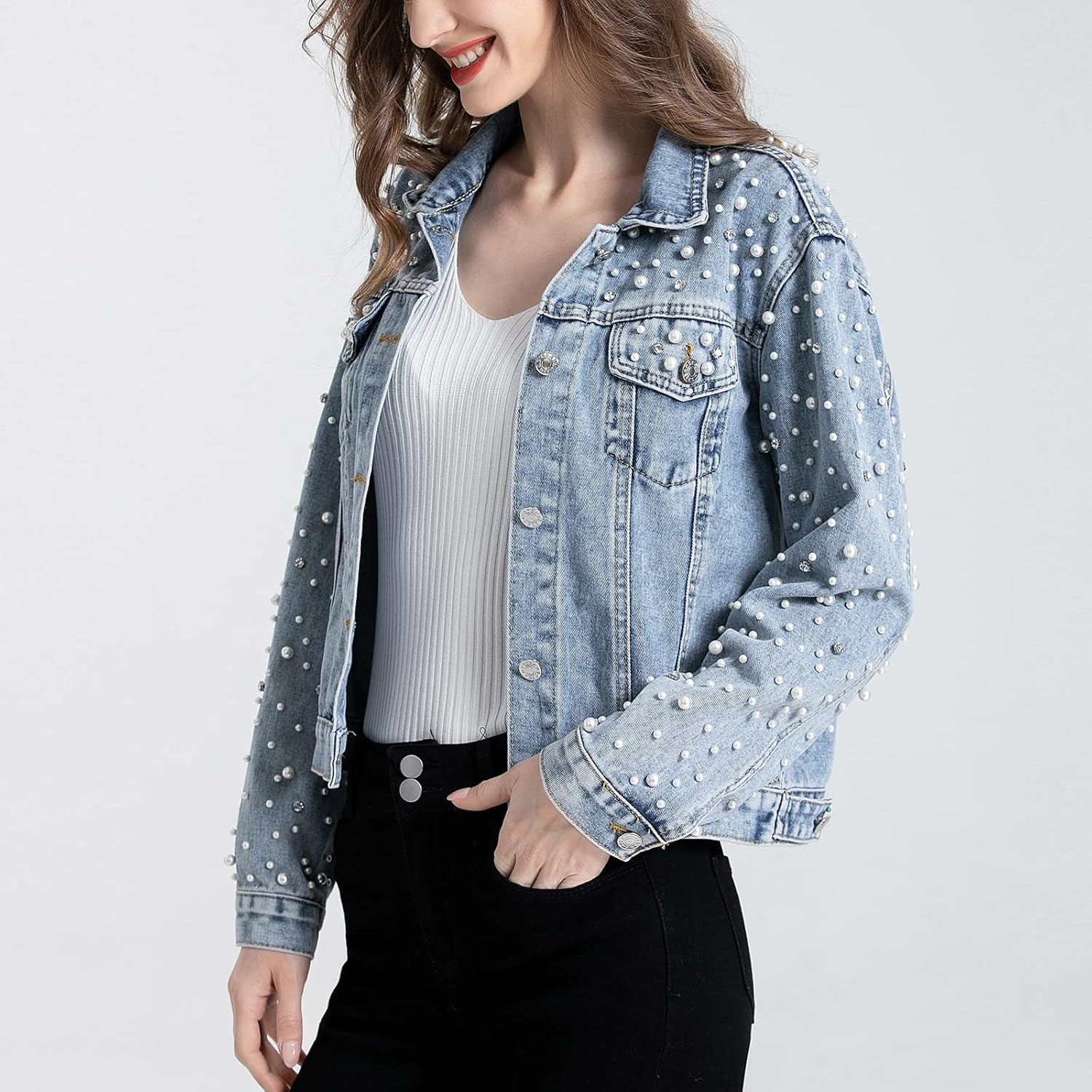 LifeShe Women’s Pearls Denim Jacket Cropped Rhinestones Jean Jacket Coat