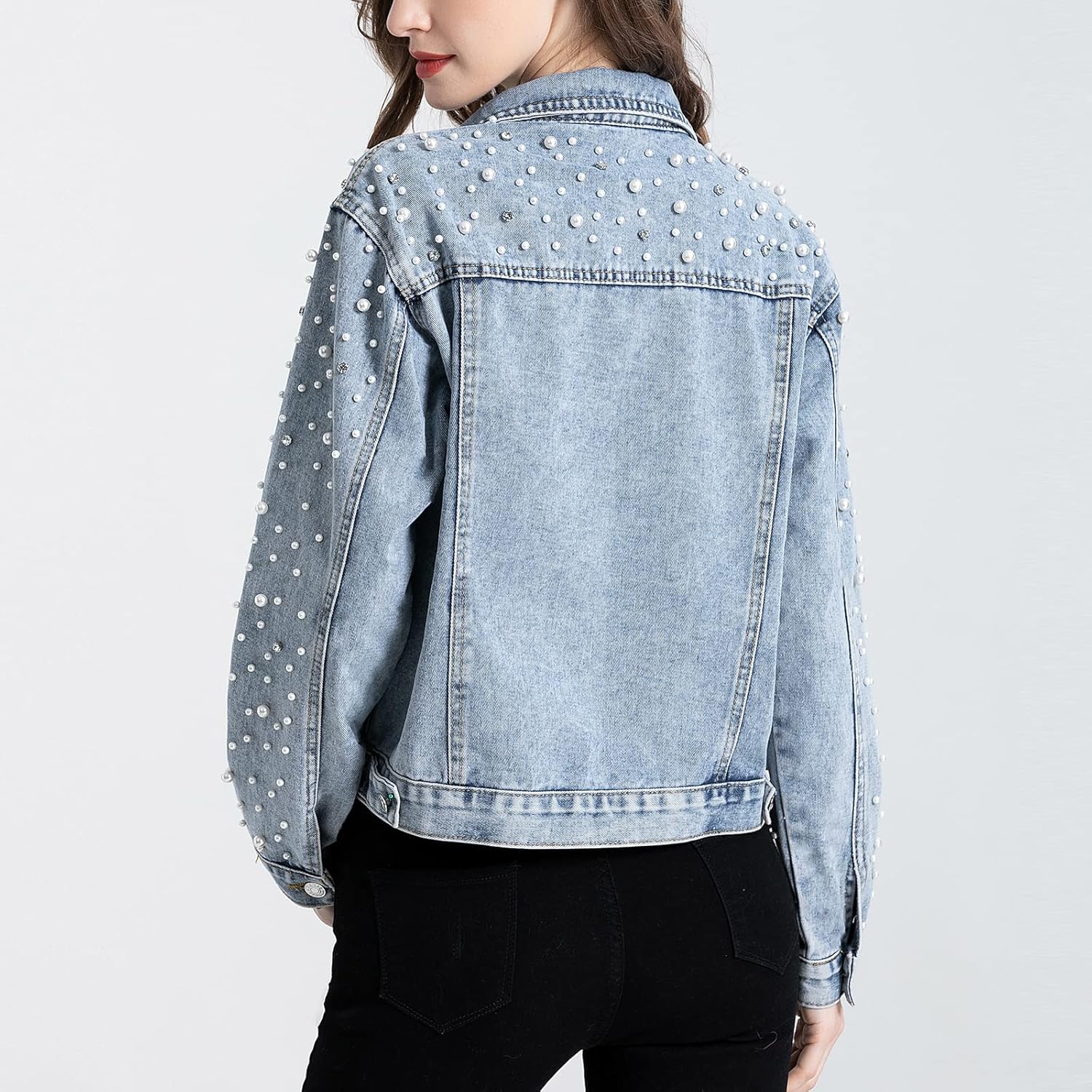 LifeShe Women’s Pearls Denim Jacket Cropped Rhinestones Jean Jacket Coat