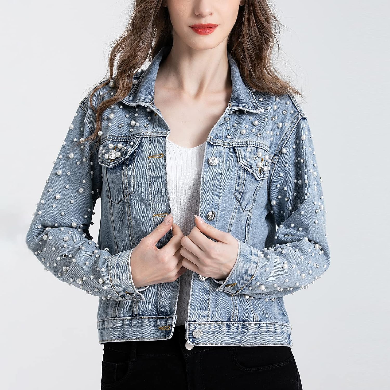 LifeShe Women’s Pearls Denim Jacket Cropped Rhinestones Jean Jacket Coat