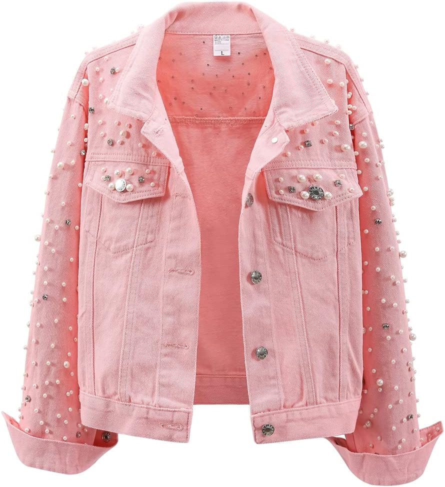 LifeShe Women’s Pearls Denim Jacket Cropped Rhinestones Jean Jacket Coat