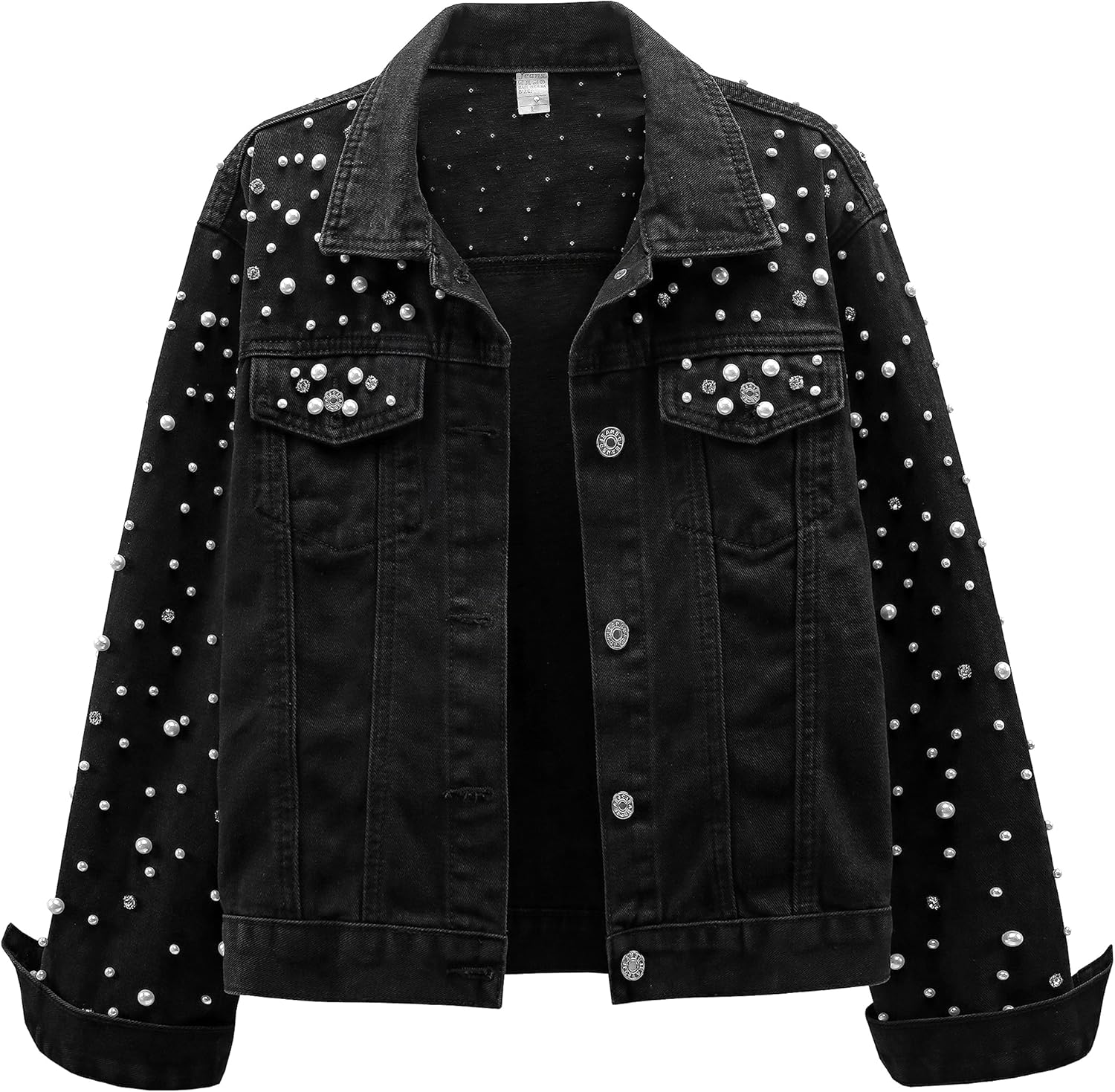 LifeShe Women’s Pearls Denim Jacket Cropped Rhinestones Jean Jacket Coat
