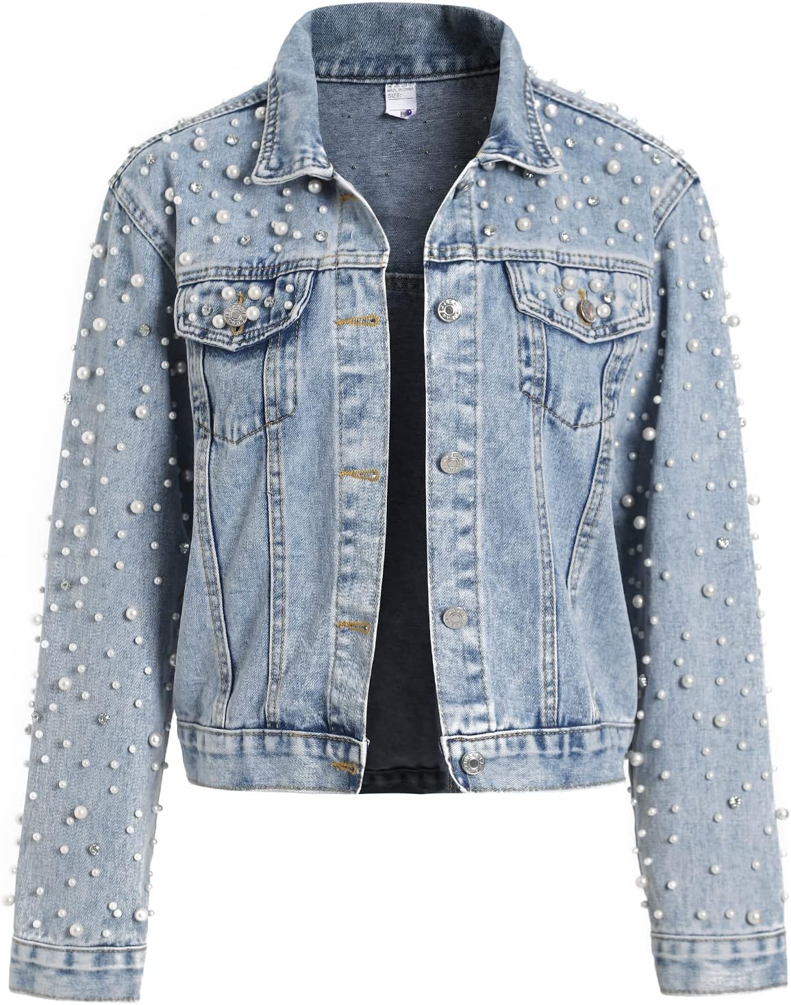 LifeShe Women’s Pearls Denim Jacket Cropped Rhinestones Jean Jacket Coat