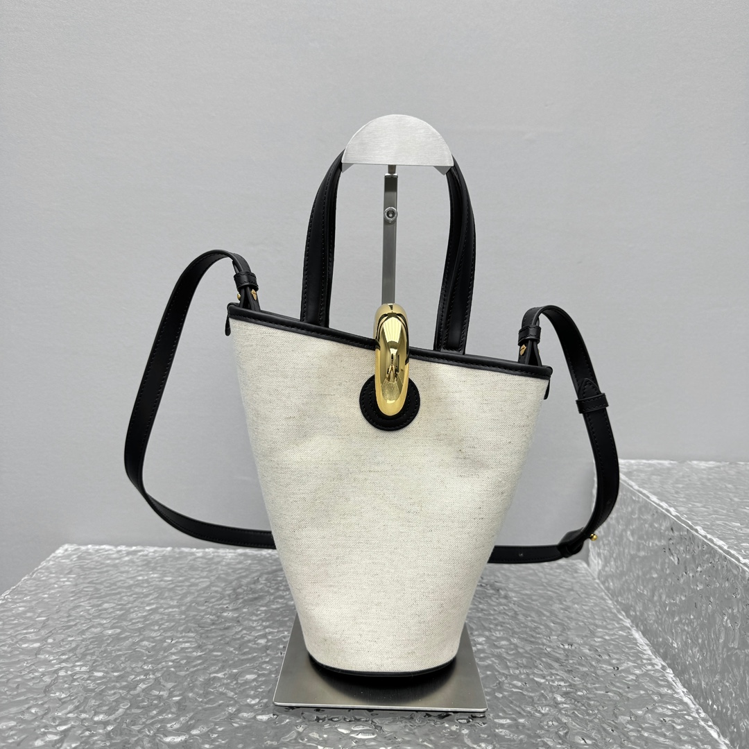 Light Greige and Black Le Petit Bambola Bag in Linen and