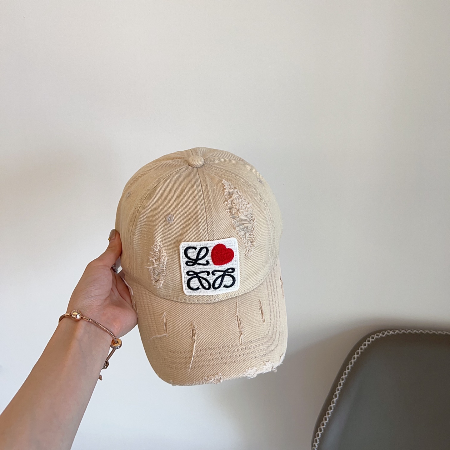 Loewe Beige Distressed Cap - Loewe Beige Distressed Logo Cap - Heart