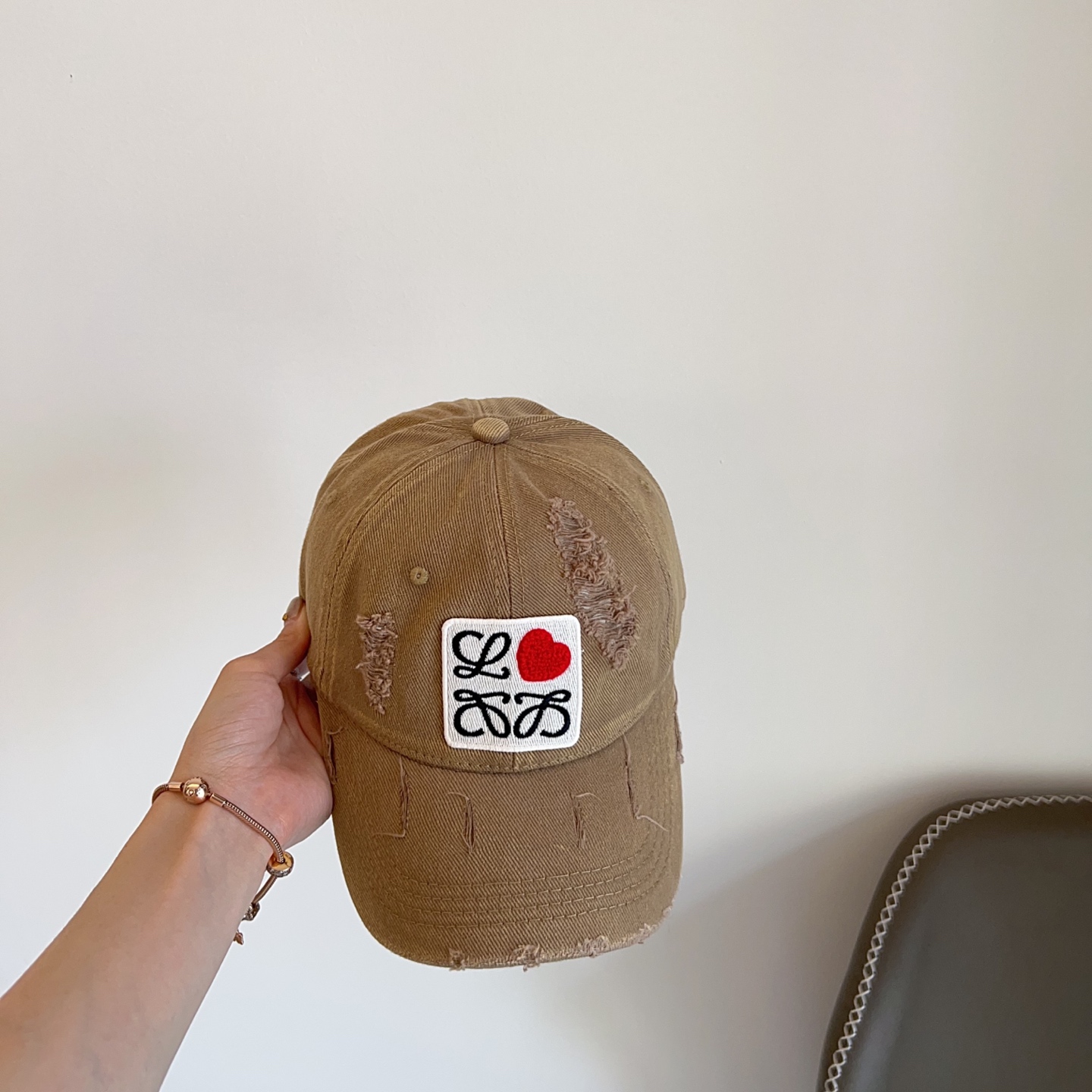 Loewe Distressed Khaki Baseball Cap - Heart Patch