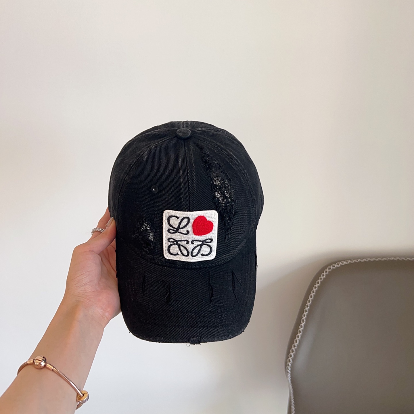 Loewe Black Distressed Denim Cap - Embroidered Logo Patch