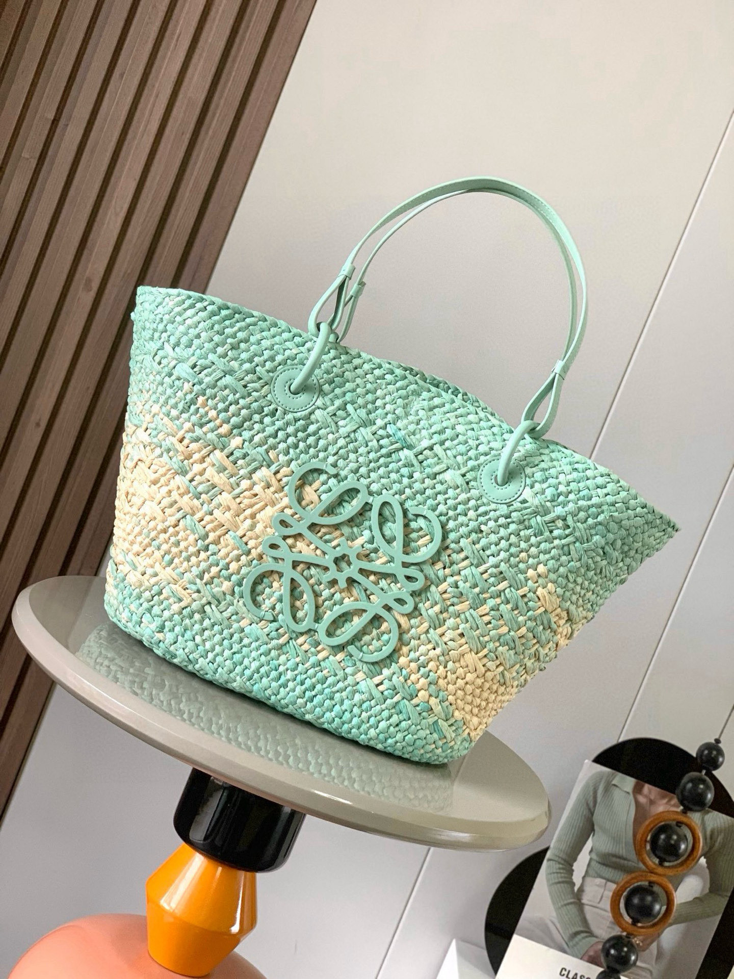 Loewe Aqua Woven Raffia Tote