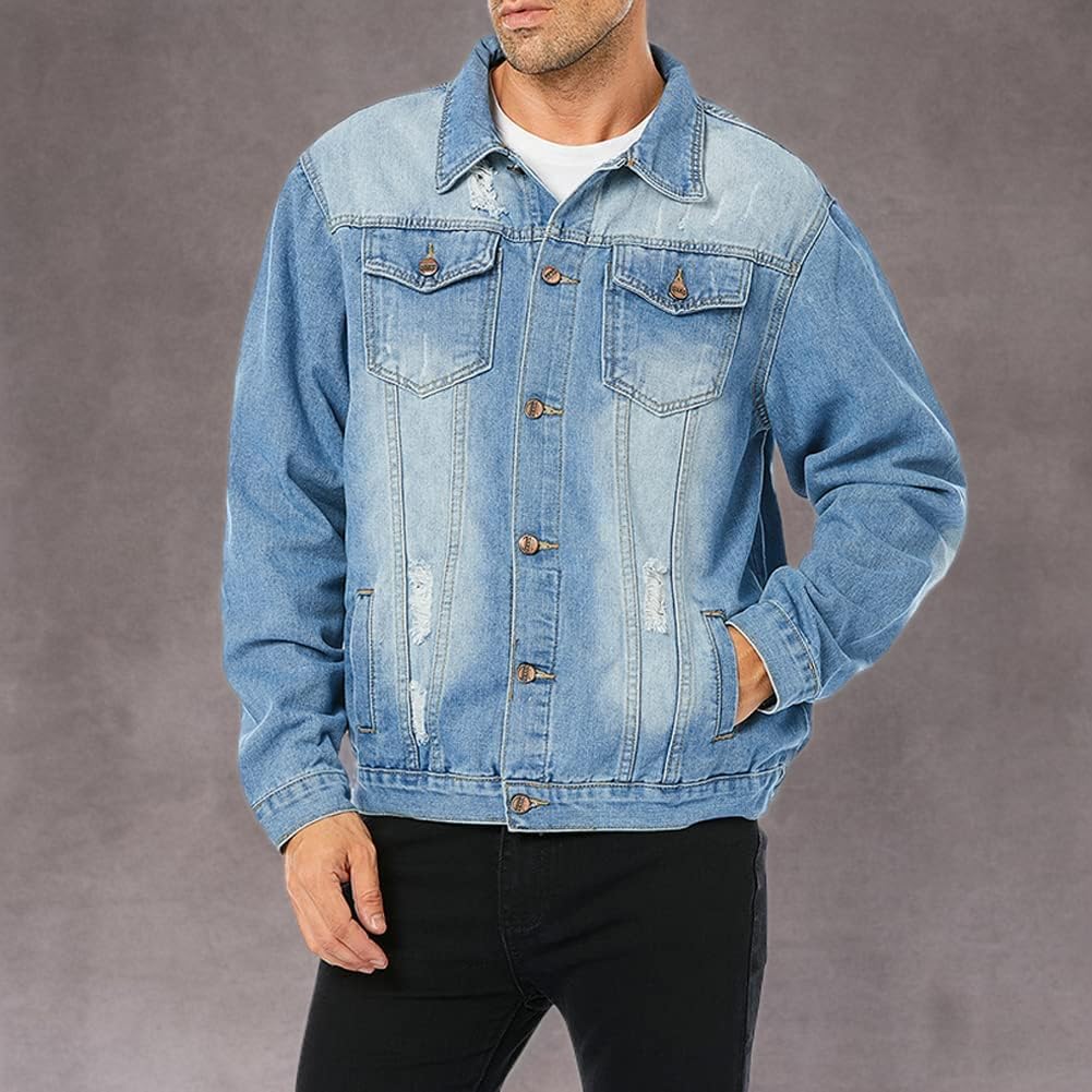 LONGBIDA Men’s Jean Jacket Ripped Distressed Denim Trucker Coat with Holes
