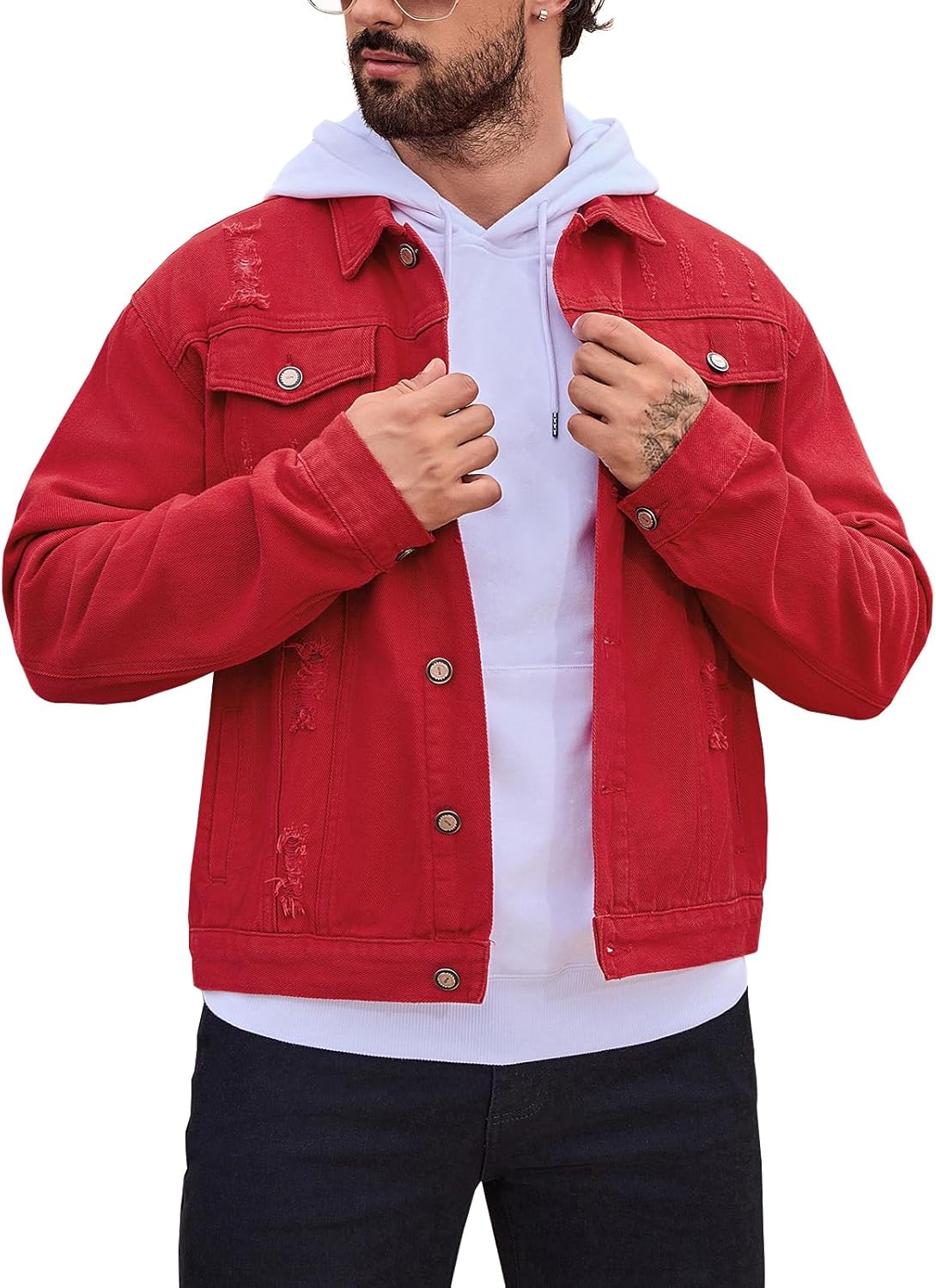 LONGBIDA Men’s Jean Jacket Ripped Distressed Denim Trucker Coat with Holes